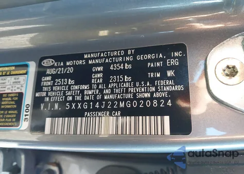 2021 Kia K5 Lxs из США, поврежденный, VIN 5XXG14J22MG020824